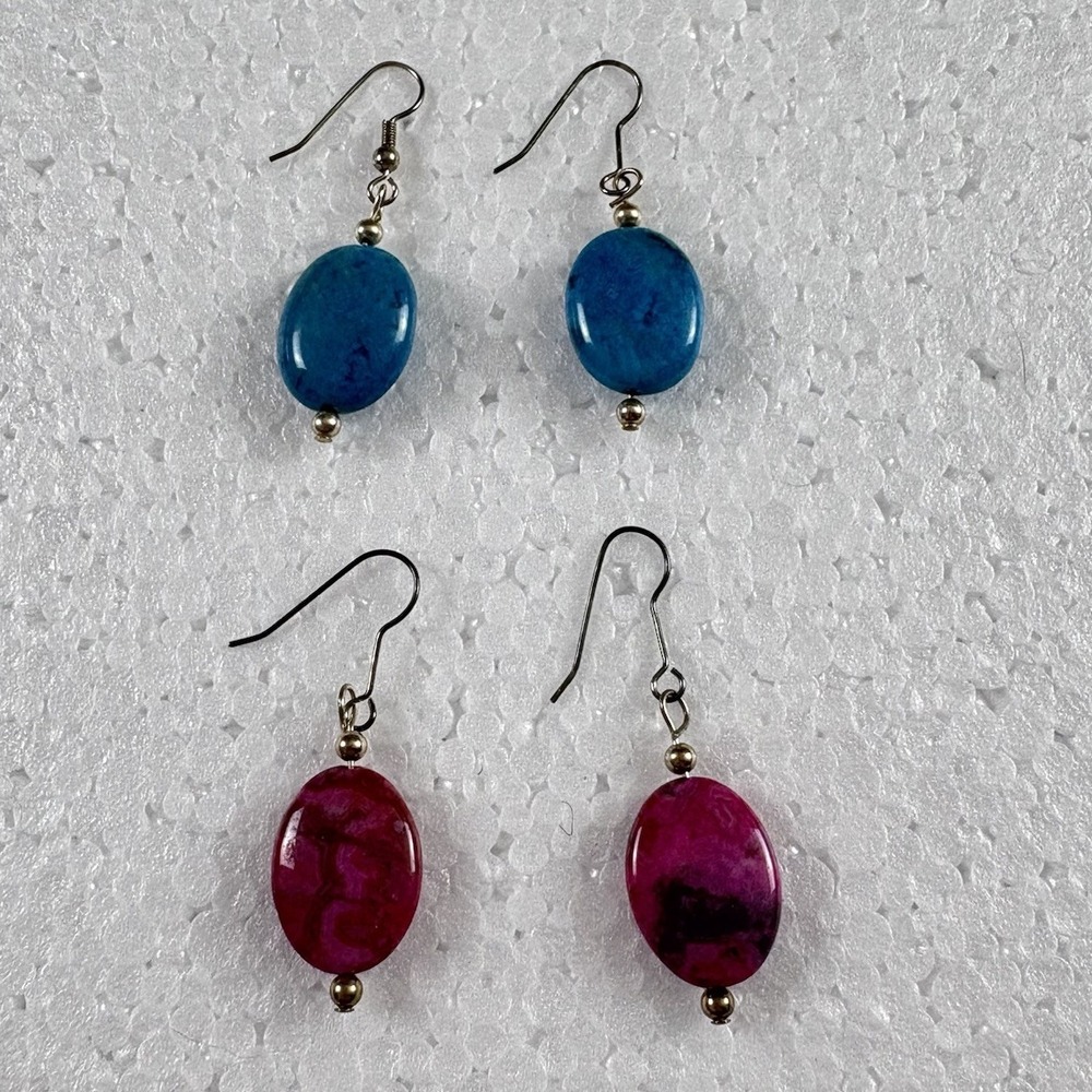 Handmade Gemstone‎ Dangle Earrings 2 lot Blue Turquoise Magenta Agate Boho Artsy